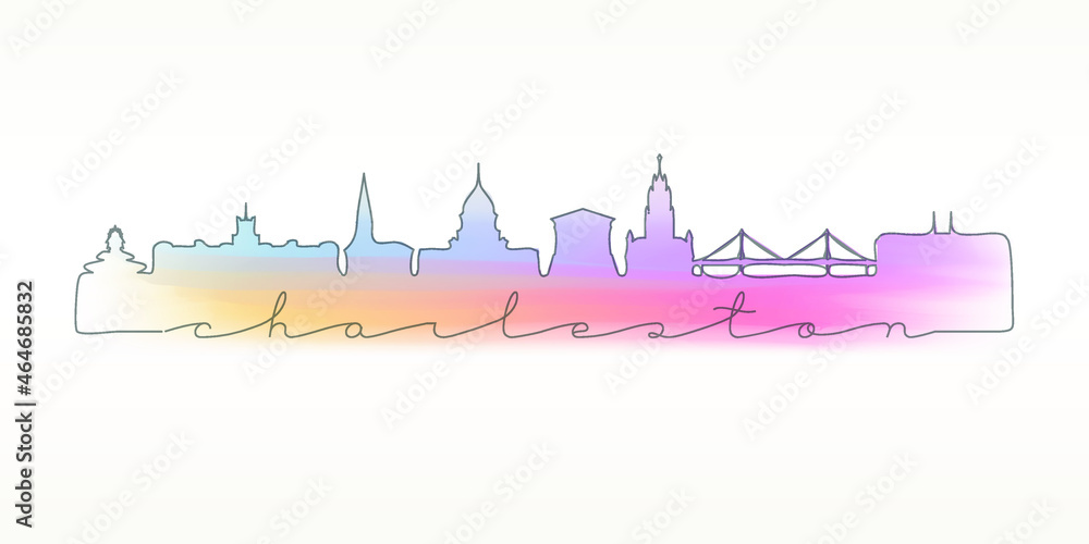 Fototapeta premium Charleston, SC, USA Skyline Watercolor City Illustration. Famous Buildings Silhouette Hand Drawn Doodle Art. Vector Landmark Sketch Drawing.