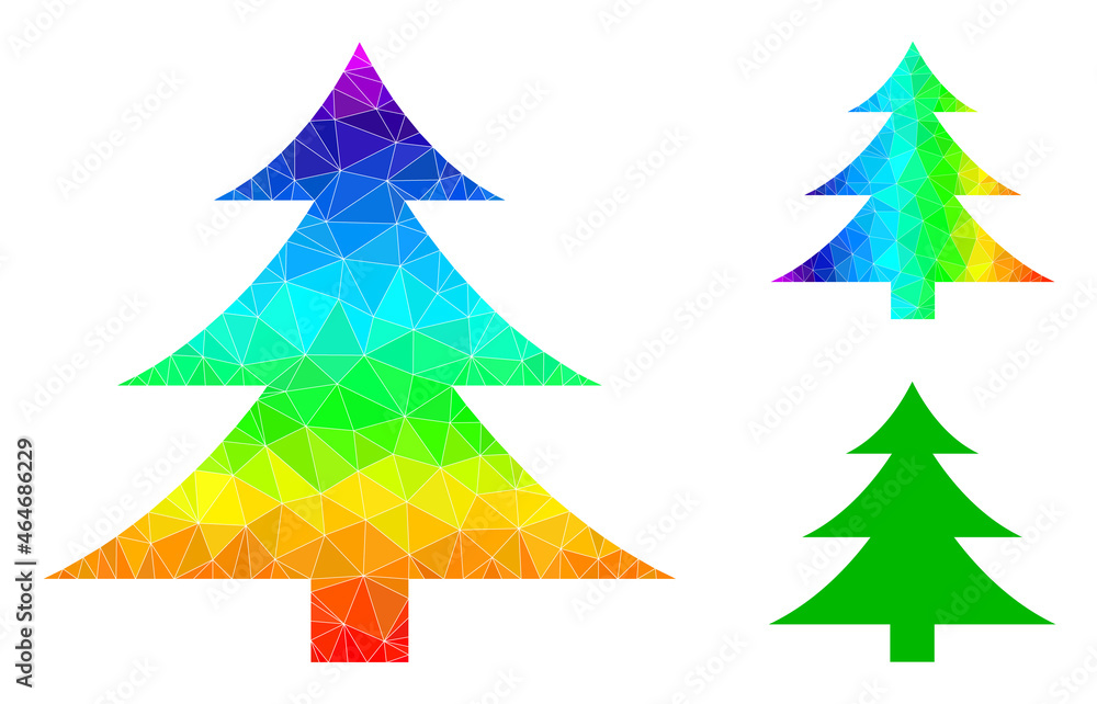 Obraz premium Low-poly fir-tree icon with rainbow vibrant. Rainbow vibrant polygonal fir-tree vector is designed with chaotic colored triangles. Flat geometric 2d modeling illustration designed by fir-tree icon.