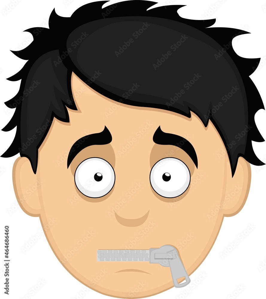 Vector emoticon illustration of the face of a young cartoon man with a zipper in his mouth in silence concept Vector emoticon illustration of the face of a young cartoon man with a zipper in his mouth in silence concept