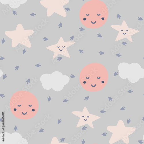 Cute stars  moon and clouds seamless pattern. Delicate background in the Scandinavian style. Vector illustration for design  postcards  baby clothes  gift paper  fabric.