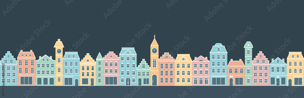 Colorful old houses on dark blue background. Cartoon buildings. Night panoramic view. Flat style, vector illustration.
