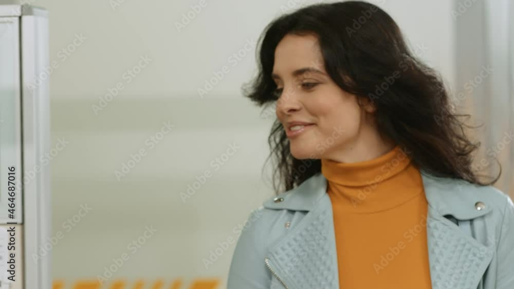 Perfect looking office manager came to work in the morning very happy in a good mood Perfect looking office manager came to work in the morning very happy in a good mood