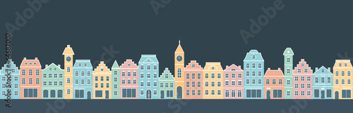 Colorful old houses on dark blue background. Cartoon buildings. Night panoramic view. Flat style, vector illustration.