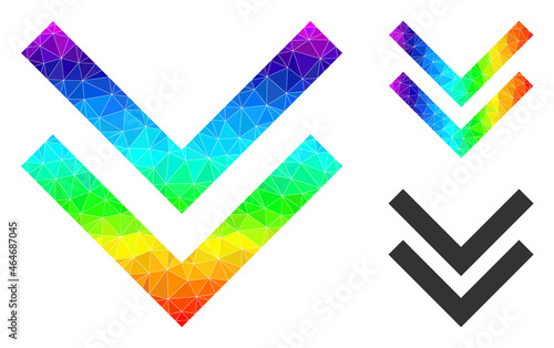 lowpoly shift down icon with rainbow colorful. Rainbow colorful polygonal shift down vector is constructed with chaotic vibrant triangles.
