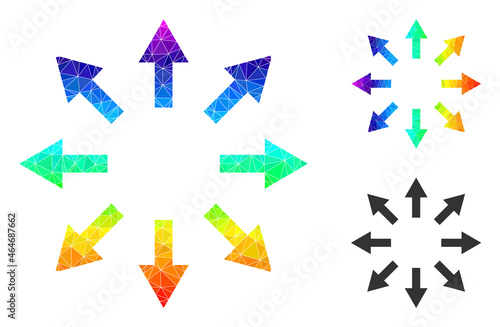 Low-poly radial arrows icon with spectrum colorful. Spectrum vibrant polygonal radial arrows vector is designed with scattered bright triangles.