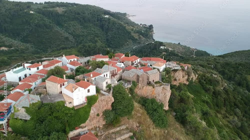 Aerial panoramic view over Chora the beautiful old Village of Alonnisos island, Sporades, Greece Aerial panoramic view over Chora the beautiful old Village of Alonnisos island, Sporades, Greece