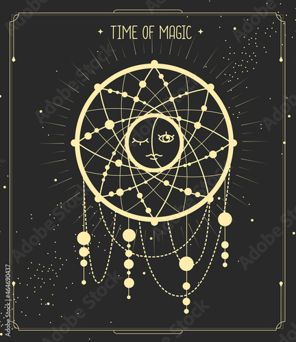 Modern magic witchcraft card with dream Catcher. Sun and moon sign. Vector illustration