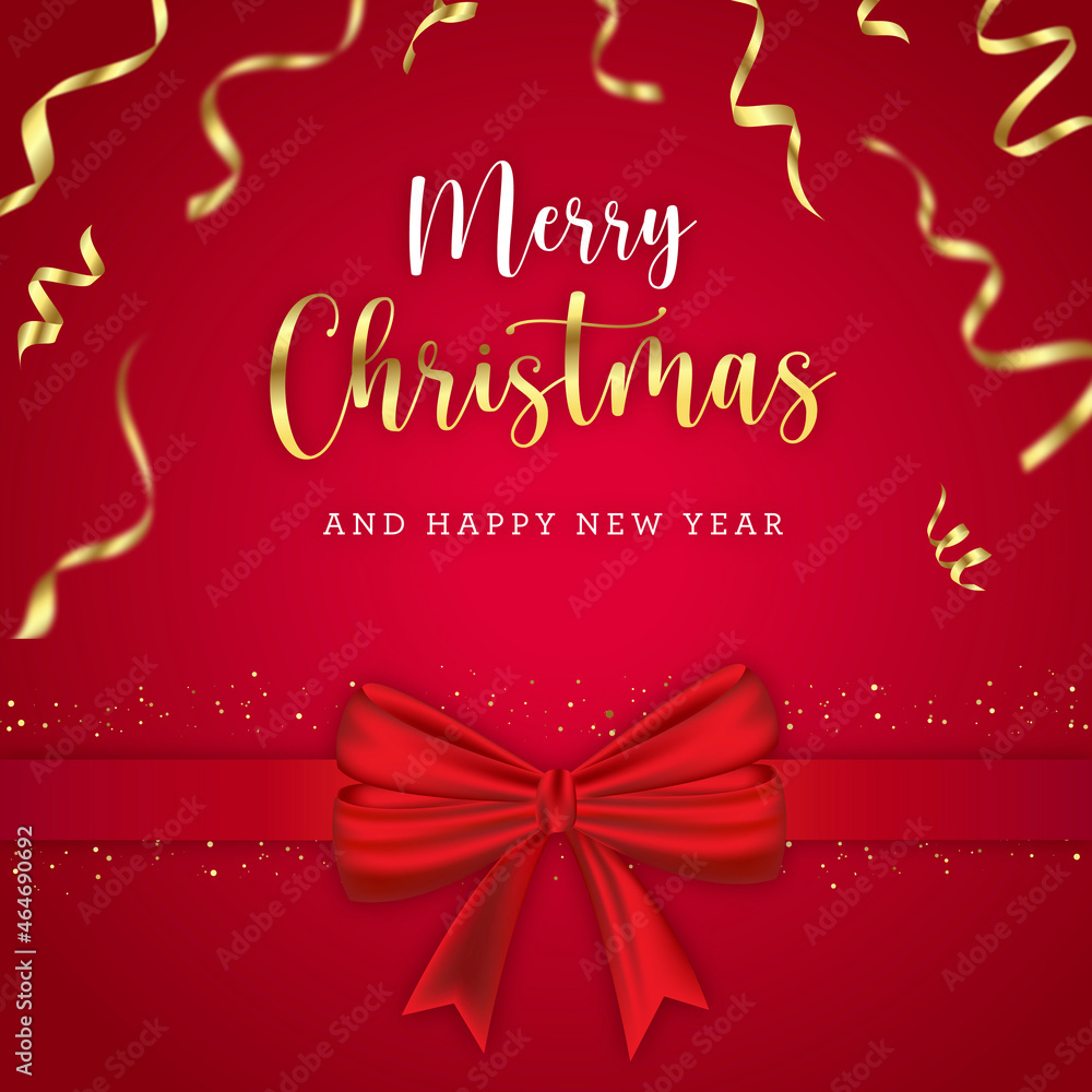 Merry Christmas red card with beautiful bow and golden confetti Merry Christmas red card with beautiful bow and golden confetti
