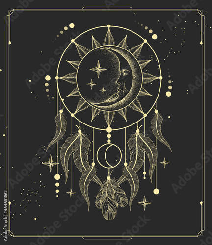 Modern magic witchcraft card with dream Catcher. Vector illustration