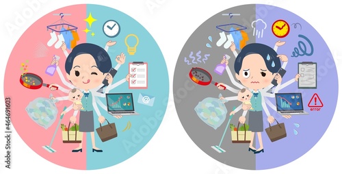 オフィスとプライベートでマルチタスクをこなす事務員女性のセット