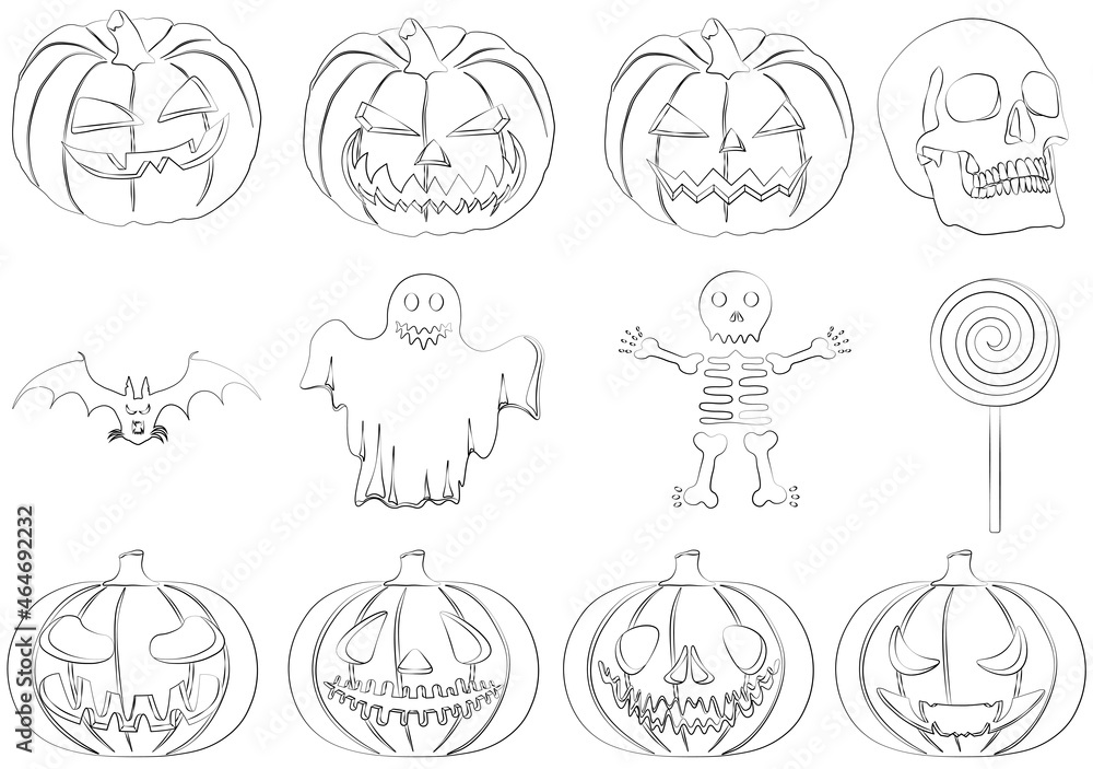 Fototapeta premium Halloween pumpkins, skull, bat, skeleton, ghost and lollipop silhouettes vector illustration