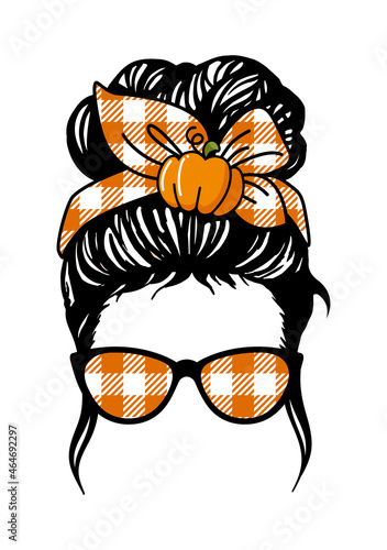 Autumn Messy bun with pumpkin , Girl with messy bun and glasses, Buffalo plaid bandana