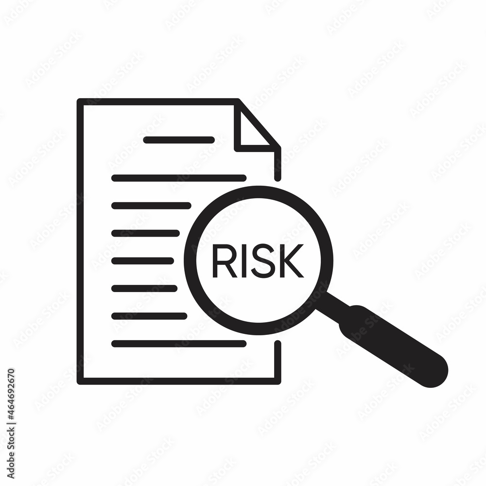 Risk Word Magnifying Glass icon in black flat design on white background, Risk Managment icon Risk Word Magnifying Glass icon in black flat design on white background, Risk Managment icon
