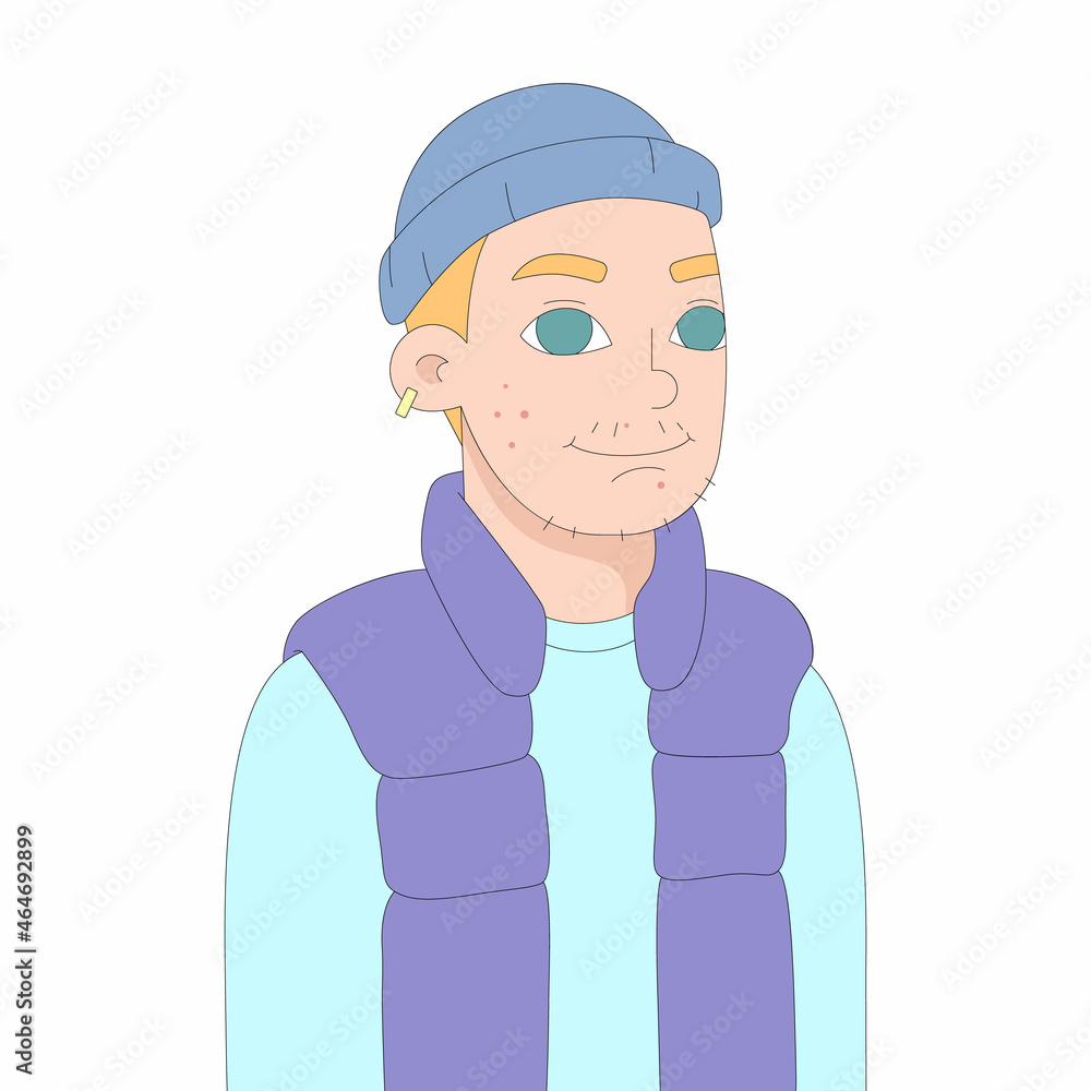 Cheerful blonde-haired boy with pimples. Vector illustration of a smiling teenager. Cartoon-style picture isolated on white background Cheerful blonde-haired boy with pimples. Vector illustration of a smiling teenager. Cartoon-style picture isolated on white background