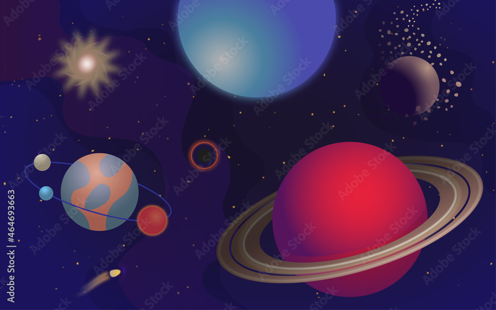 Gradient illustration space universe with planet satellits and stars