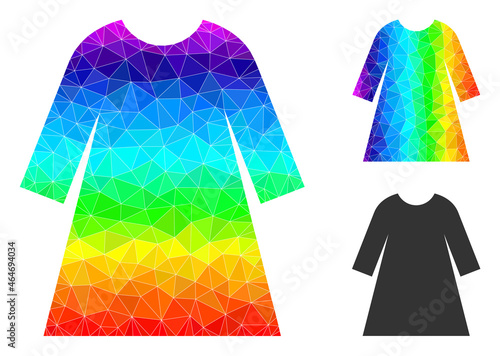 Low-poly woman dress icon with rainbow gradient. Rainbow colorful polygonal woman dress vector filled from chaotic colorful triangles. Flat geometric lowpoly symbol is created from woman dress icon.