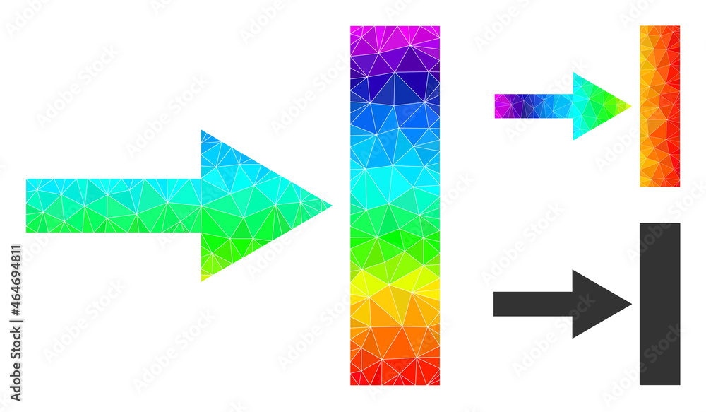 lowpoly move right icon with rainbow vibrant. Rainbow colored polygonal move right vector is constructed with scattered vibrant triangles.