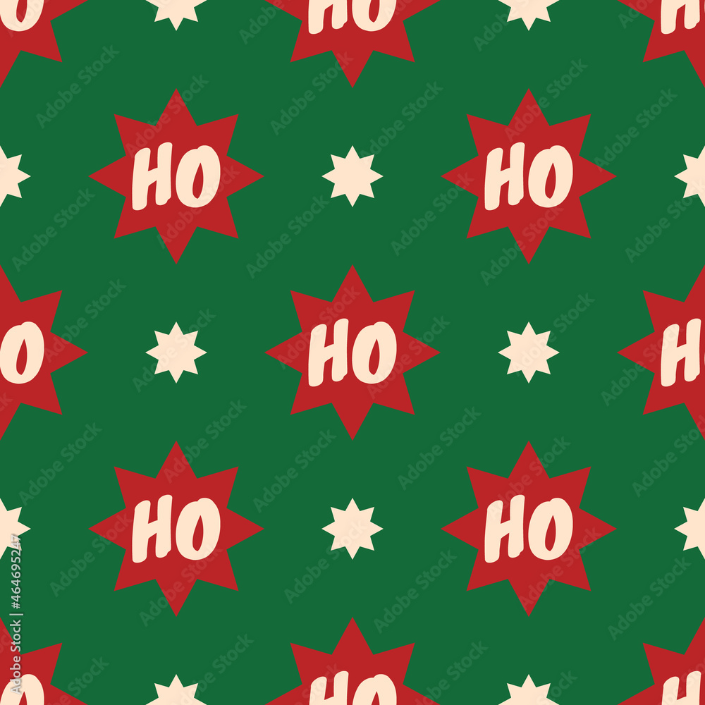 Christmas vector seamless pattern with stars and text Ho Ho Ho. Traditional colors of Holidays. Festive design for poster background, gift wrappers, textile, fabric, prints, sublimation, prints, etc. Christmas vector seamless pattern with stars and text Ho Ho Ho. Traditional colors of Holidays. Festive design for poster background, gift wrappers, textile, fabric, prints, sublimation, prints, etc.