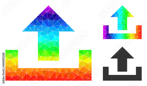 Low-poly upload icon with spectral gradient. Spectral colorful polygonal upload vector designed with randomized colorful triangles.