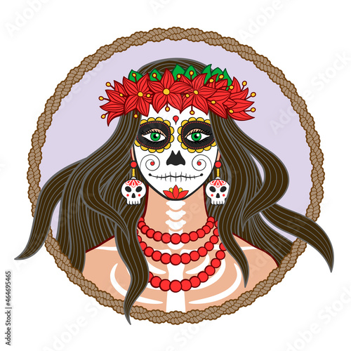 Vector illustration of young lady wearing wreath of flowers with traditional make up for Mexican festival Dia de los Muertos (Day of the dead) celebration