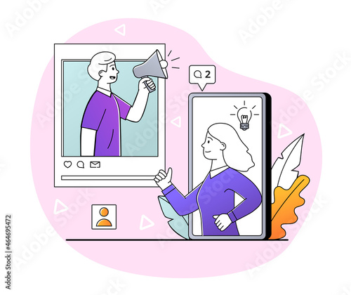 Internet advertisement concept. Man holds megaphone and attracts new visitors and buyers. Online marketing and promotion of company in social networks. Cartoon doodle flat vector illustration