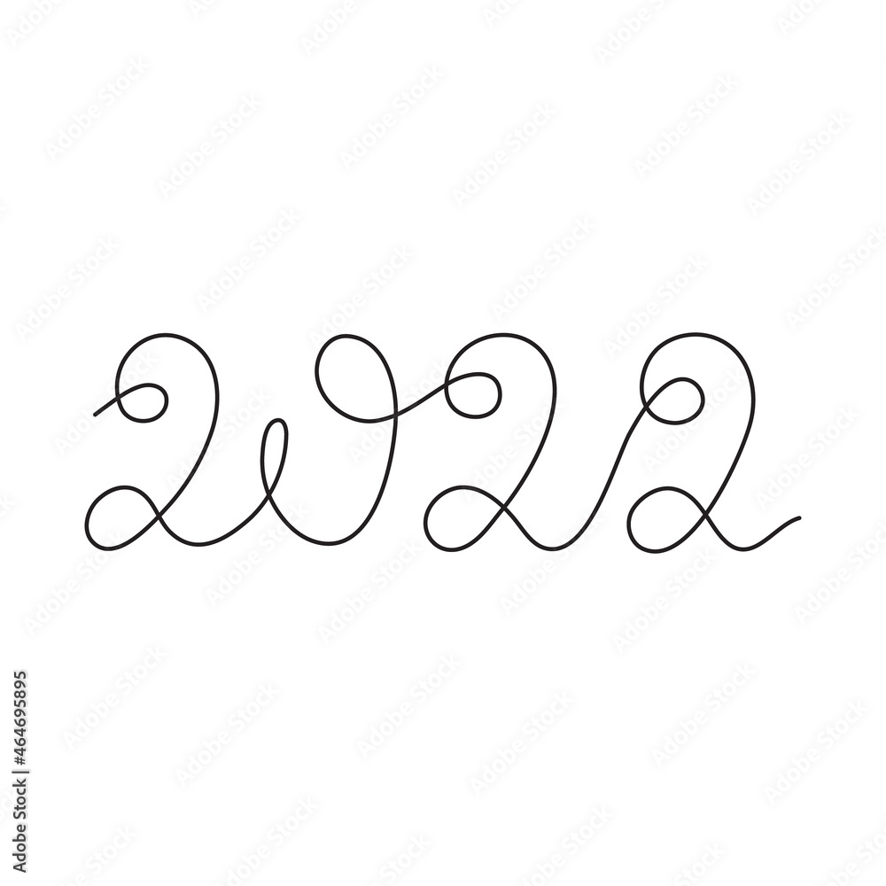 2022 lettering,one line art,continuous contour.Hand writen calligraphy decoration,new year element.For holiday cards, posters,banners,calendars,print.Isolated.Vector illustration