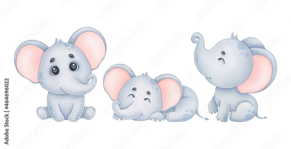 Watercolor cute elephants, kids illustration for print