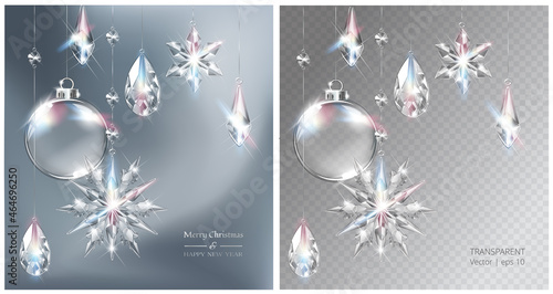 Vector Christmas background with realistic transparent glass balls, snowflakes and decoration. Glass sphere and sparkling translucent crystals
