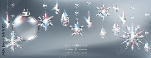 Vector Christmas background with realistic transparent glass balls, snowflakes and decoration. Glass sphere and sparkling translucent crystals