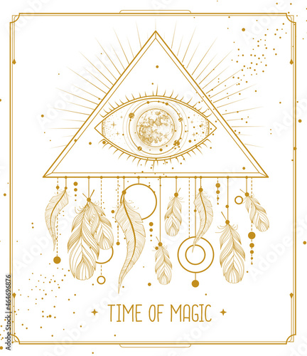 Modern magic witchcraft card with dream Catcher and eye in triangle. Vector illustration