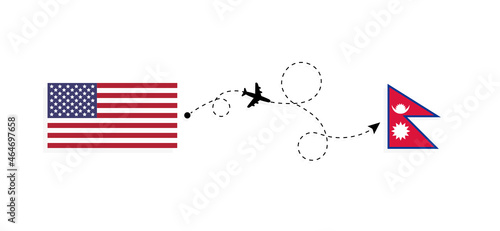 Flight and travel from USA to Nepal by passenger airplane Travel concept
