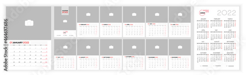 Wall Monthly Photo Calendar 2022. Simple monthly vertical photo calendar Design for 2022 year in English. Cover Calendar and 12 months templates. Monday week start. Vector illustration
