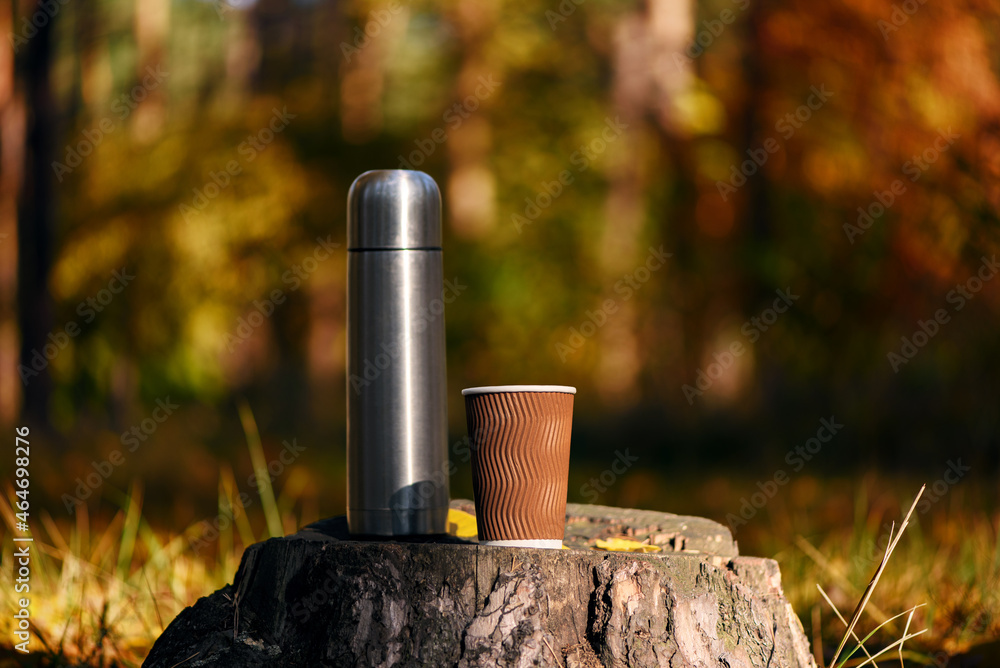 Thermos and disposable paper cup of coffee or tea on old tree stump in calm autumn forest. Outdoor recreation and relaxation.