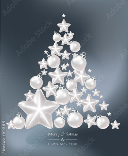 Christmas background with Christmas Tree made of glass festive decoration elements. New Year concept.