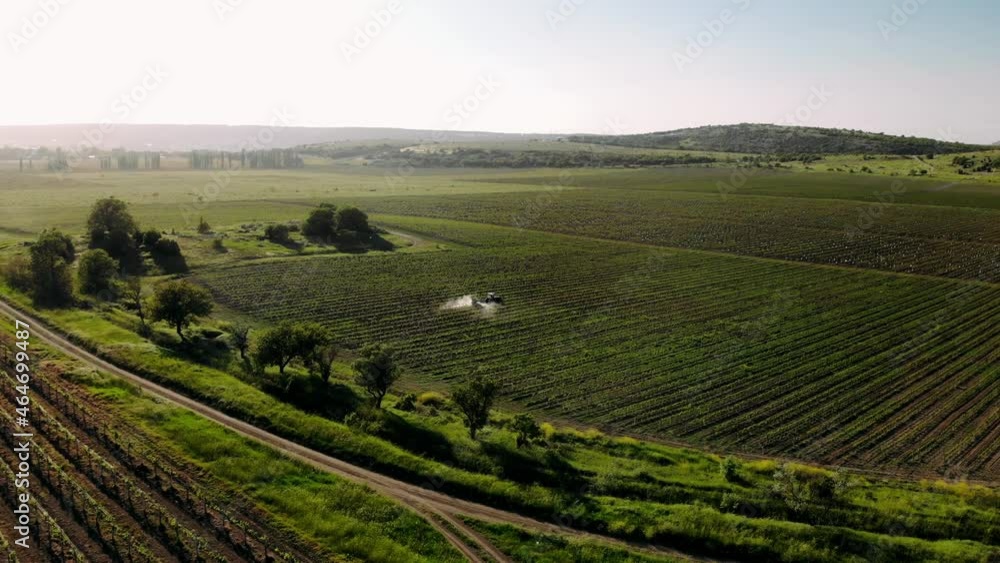 Agricultural machinery works in the vineyards. The tractor sprays fertilizes the fields with chemicals to protect crops from weeds and pests. Farmer Working Vineyards Farmland. Concept winemaking. Agricultural machinery works in the vineyards. The tractor sprays fertilizes the fields with chemicals to protect crops from weeds and pests. Farmer Working Vineyards Farmland. Concept winemaking.