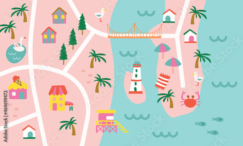 beach town road map, pattern with house and tree, cute backgrounds and wallpaper, illustration for child.