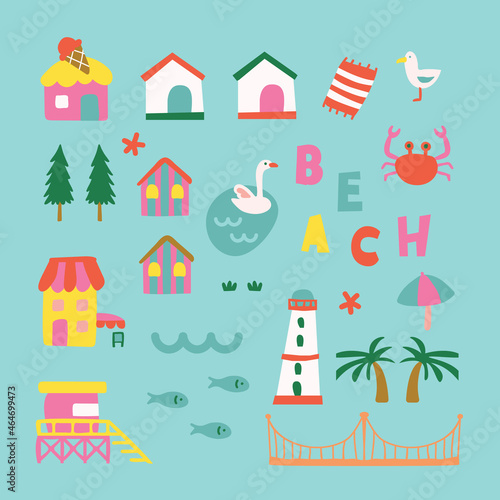 beach town decoration, design element, pattern with house and tree, cute icon, illustration for child.