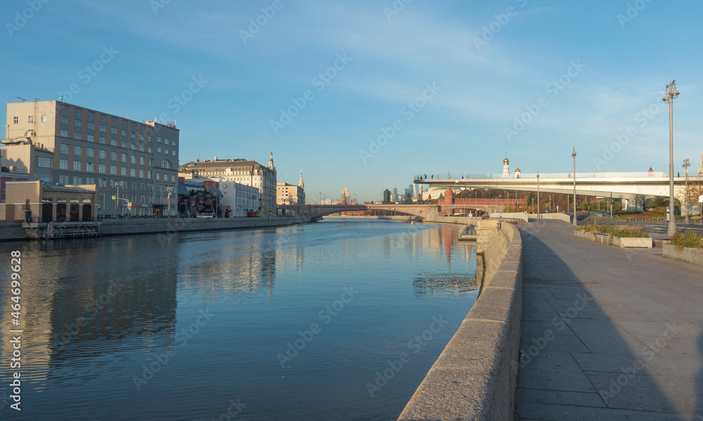 Moskva river on a sunny morning. View of Moskvoretskaya embankment