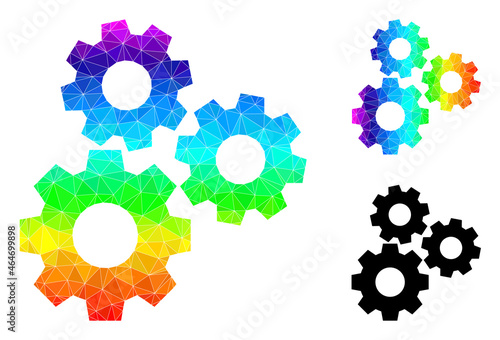 Low-poly gear mechanism icon with spectrum colored. Rainbow colored polygonal gear mechanism vector filled with scattered colorful triangles.
