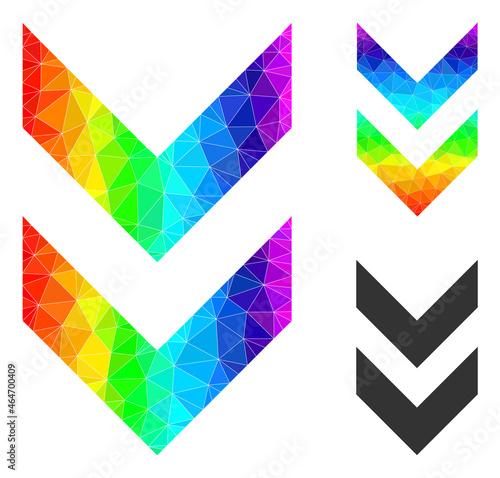 lowpoly shift down icon with rainbow gradient. Rainbow colored polygonal shift down vector designed of random colored triangles. Flat geometric lowpoly illustration is based on shift down icon.