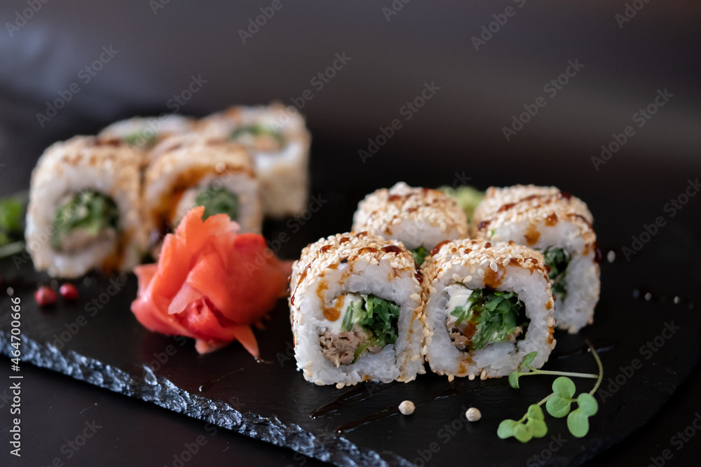 A traditional Japanese dish based on seafood. Sushi. A traditional Japanese dish based on seafood. Sushi.