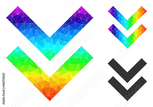Low-poly shift down icon with rainbow colored. Rainbow colorful polygonal shift down vector is designed with random vibrant triangles.