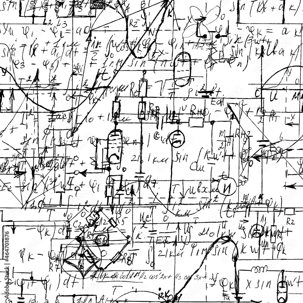 Scientific seamless texture with handwritten formulas and electronic components. Drawing of various graph solutions on white. Physics and schematic diagram and circuit of  the devices. Vector.