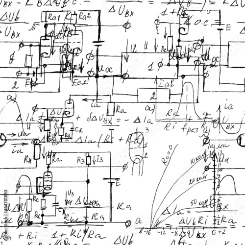 Scientific seamless texture with handwritten formulas and electronic components. Physics and schematic diagram and circuit of  the devices. Vector.