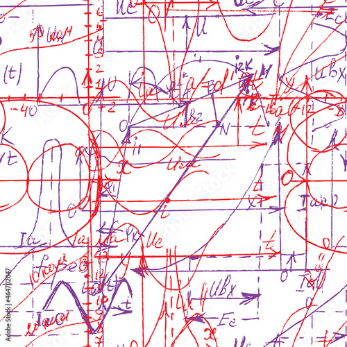 Math and Geometry seamless pattern with handwriting and drawing of various graph solutions. Geometry and mathematics subjects graphics. College lectures. Vector.