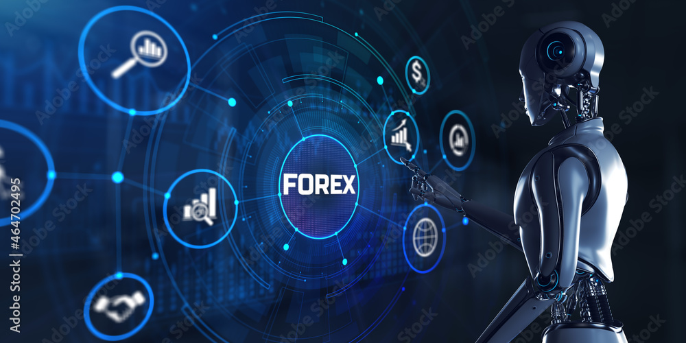 Forex robot trading automation concept. Robot pressing button on screen 3d  render. Stock Illustration | Adobe Stock