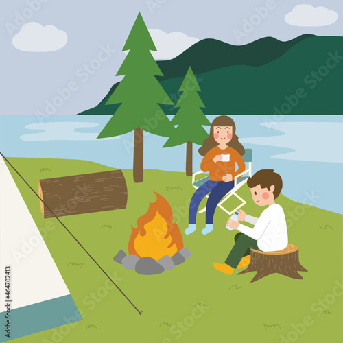 Campsite in forest. Camping landscape 