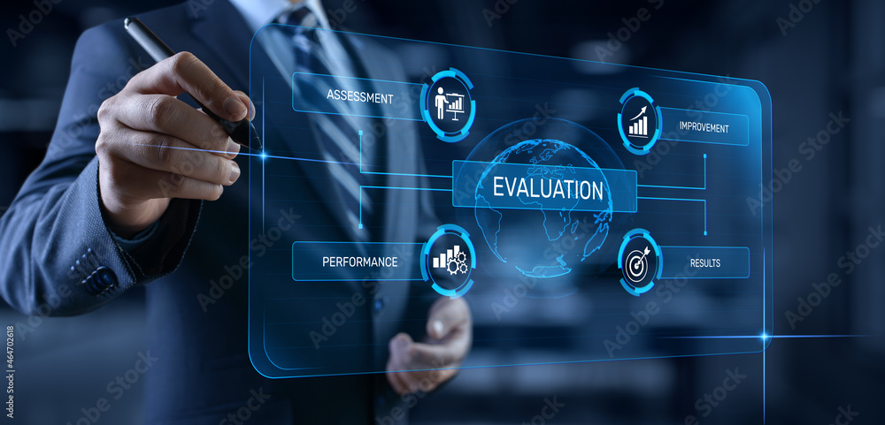 Fototapeta premium Evaluation Assessment Customer service feedback. Businessman pressing button on screen.