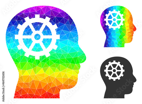 Low-poly intellect icon with rainbow colorful. Rainbow vibrant polygonal intellect vector is constructed with scattered vibrant triangles.