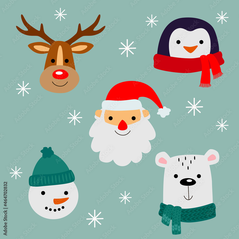 Set of cute cartoon traditional Christmas characters.  Winter Holidays, Christmas and New Year Design